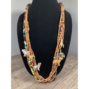 Vtg Fetish Bib Necklace Wooden Ethnic Animals w/ Shell, Glass Beads Hand Carved
